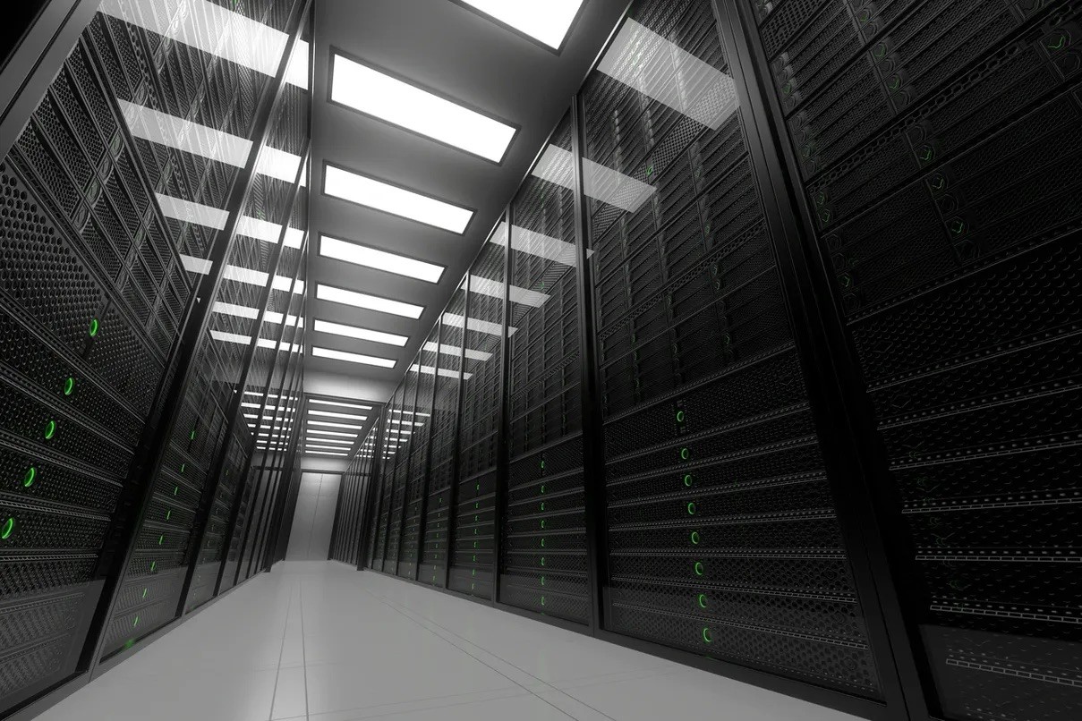 Data center server room with rows of server racks